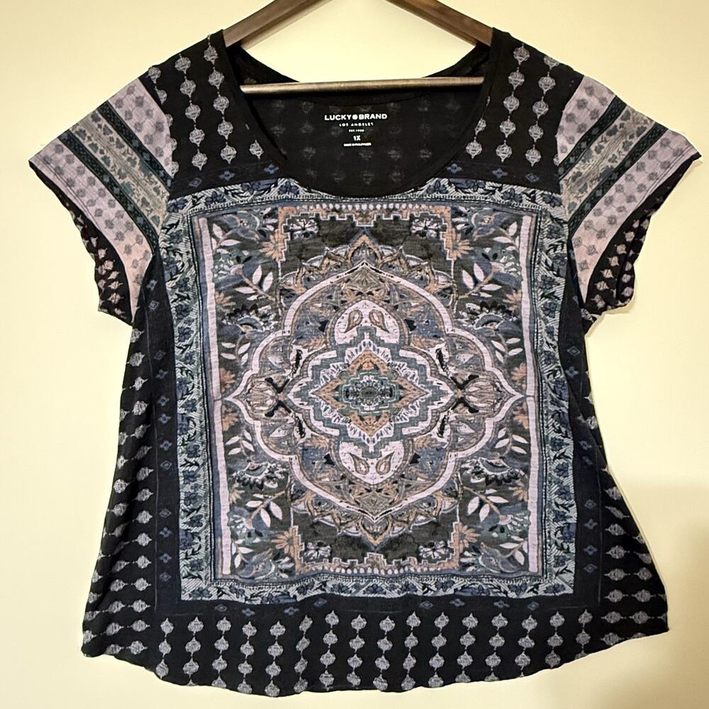 Lucky Brand 1X Women Plus Size Boho Print S/S Top Black Pink Purple Shirt Cotton
